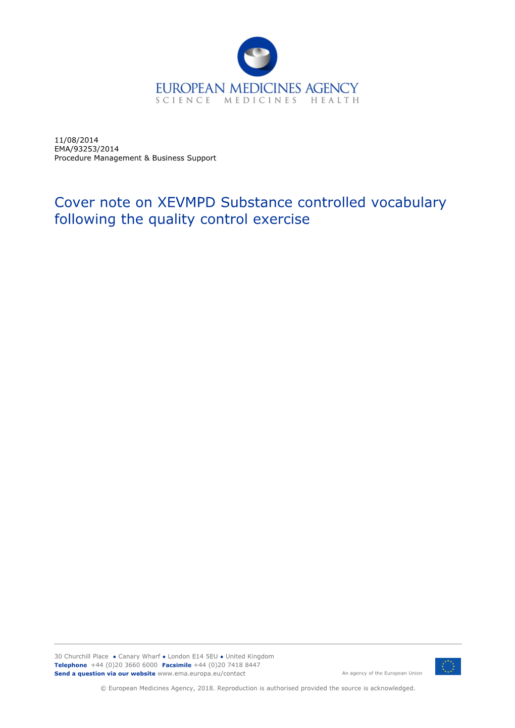 Cover Note on XEVMPD Substance Controlled Vocabulary Following the Quality Control Exercise