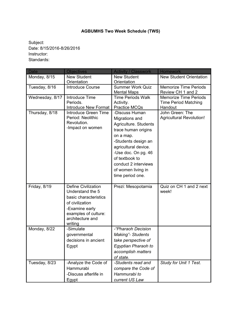 AGBUMHS Two Week Schedule (TWS)