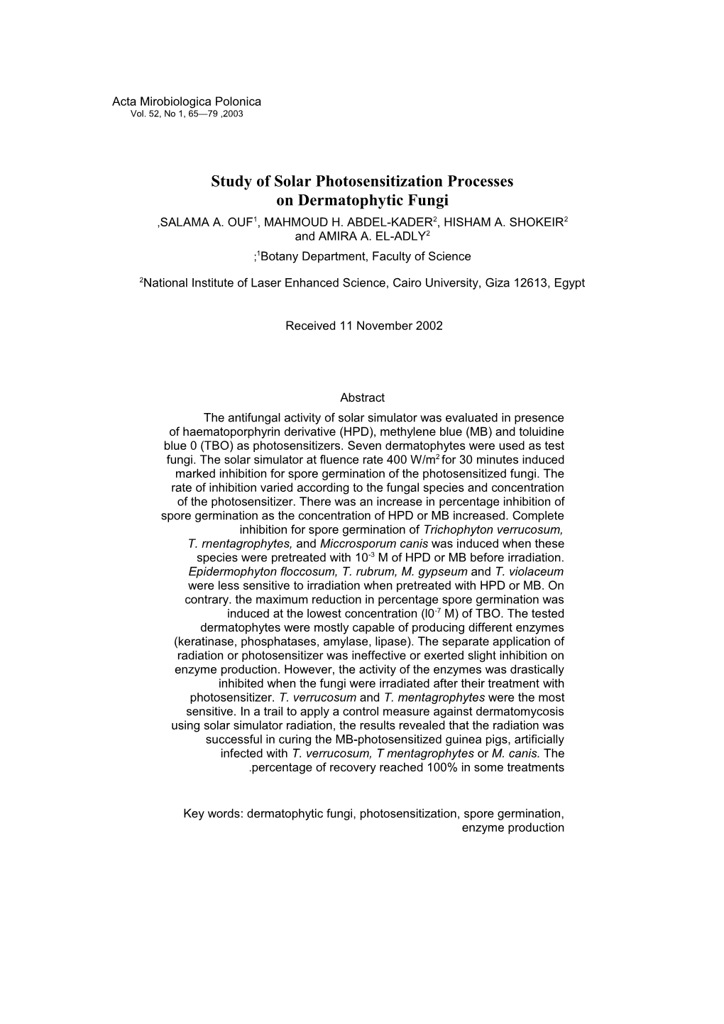 Study of Solar Photosensitization Processes on Dermatophytic Fungi