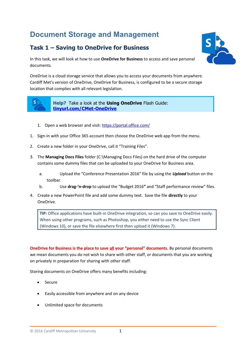 Task 1 Saving to Onedrive for Business