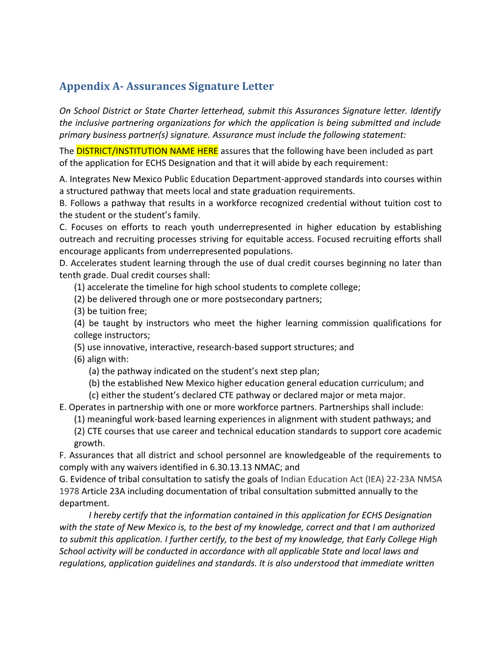 Appendix A- Assurances Signature Letter