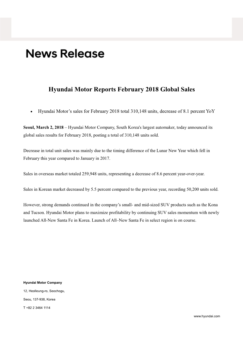 Hyundai Motor Reportsfebruary 2018Global Sales