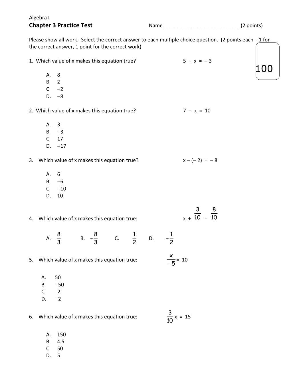 Chapter 3 Practice Test Name______(2 Points)