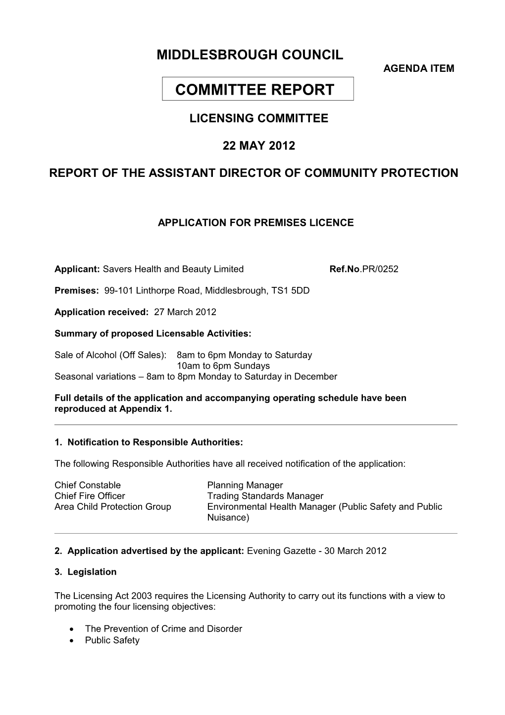 Report of the Assistant Director of Community Protection