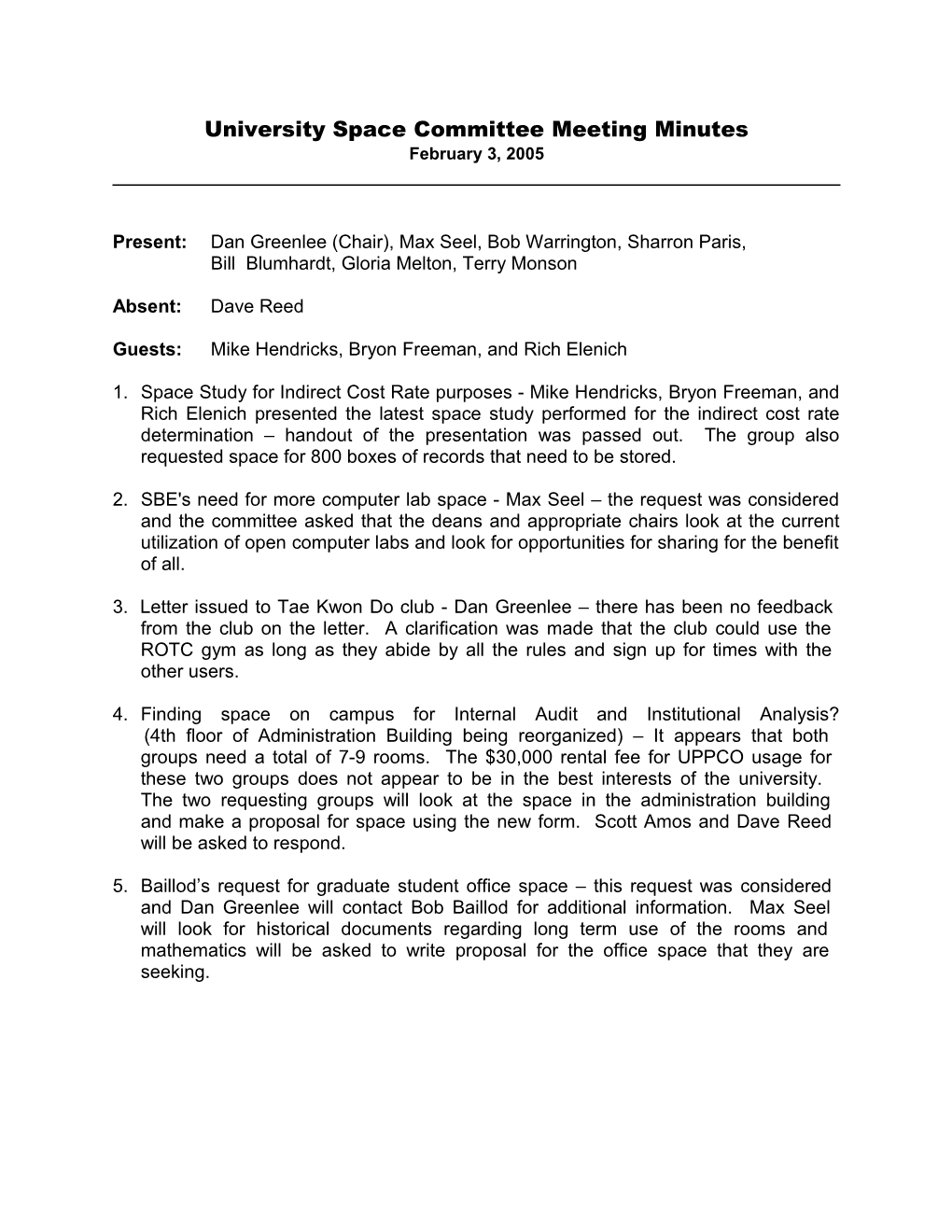 Space Committee Meeting Minutes 3 February, 2005