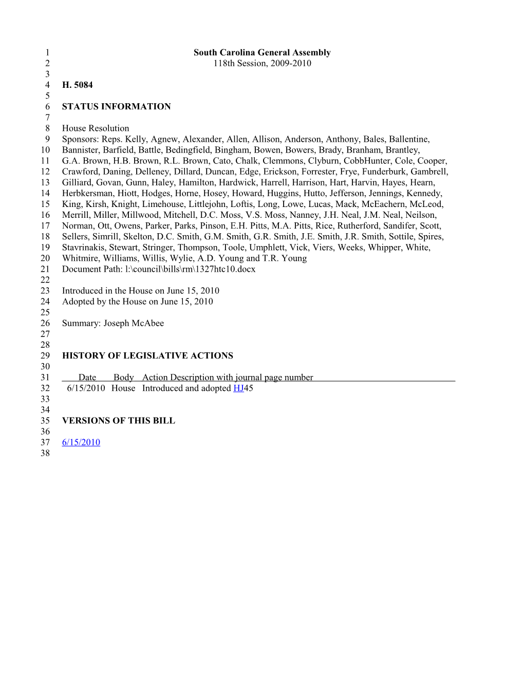 2009-2010 Bill 5084: Joseph Mcabee - South Carolina Legislature Online