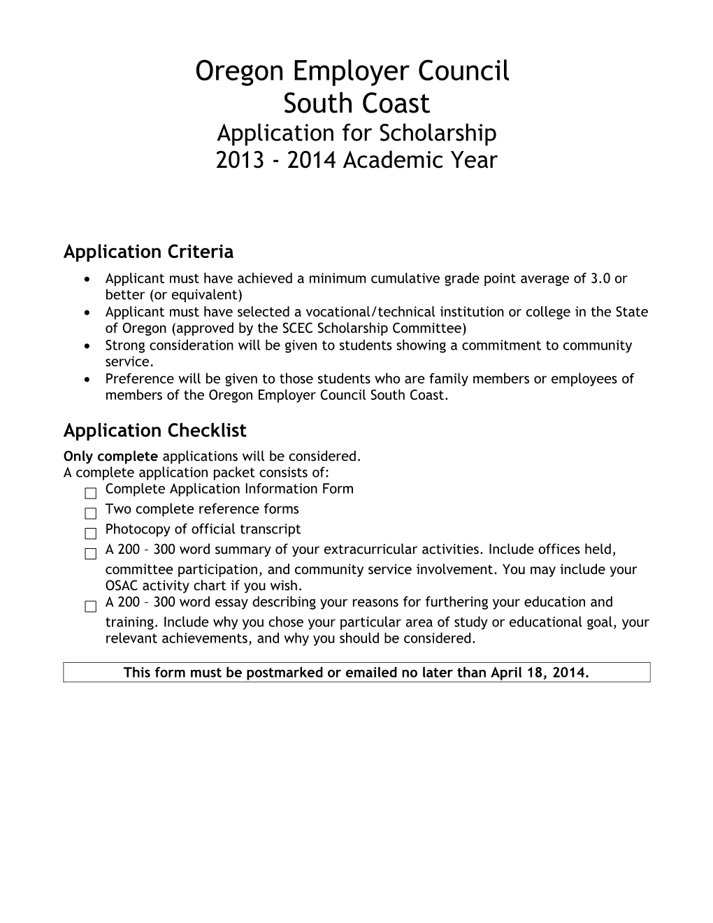 Oregon Employer Council South Coast 2013-14 Scholarship Application