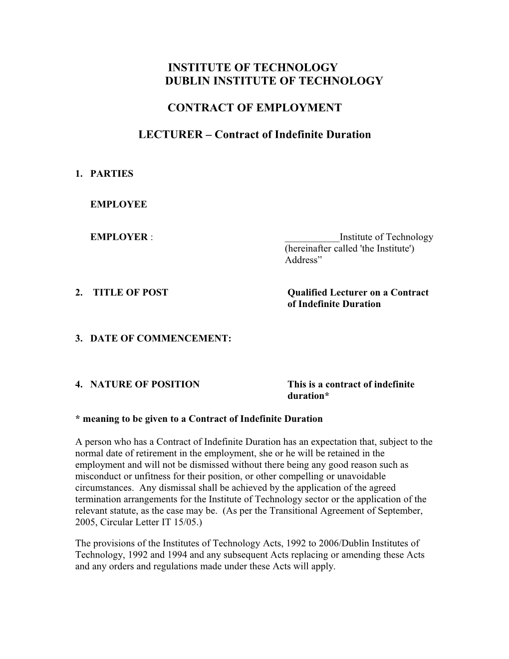 Contract of Indefinite Duration - Lecturer - IOT/DIT - 2007
