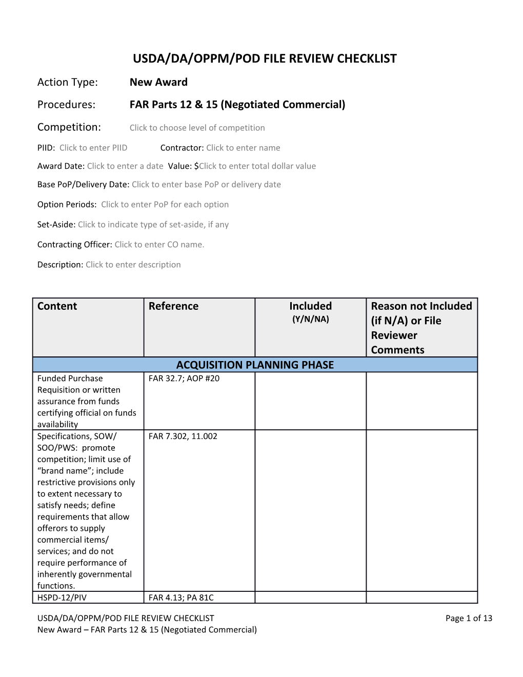 Usda/Da/Oppm/Pod File Review Checklist