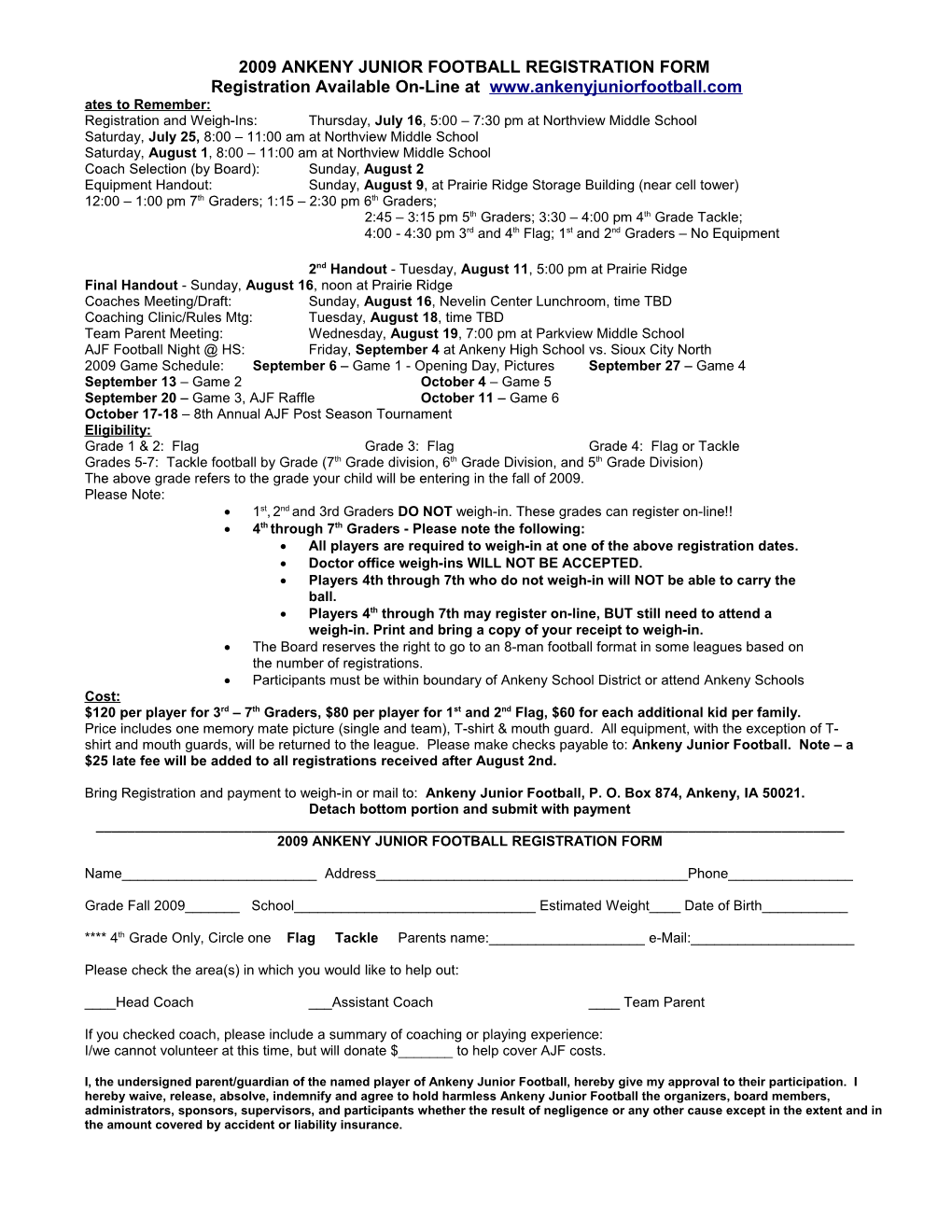 2002 Ankeny Junior Football Registration Form