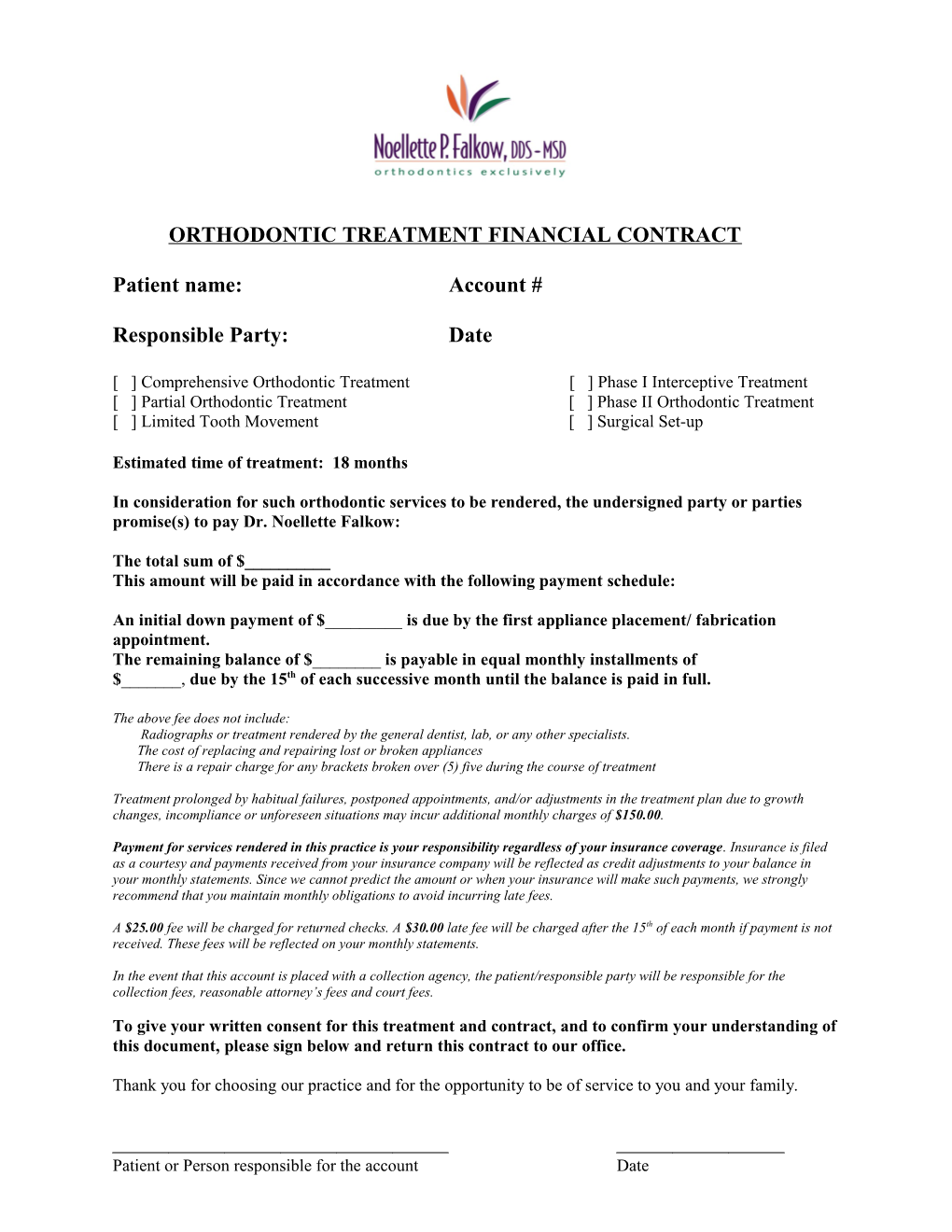 Orthodontic Treatment Financial Contract