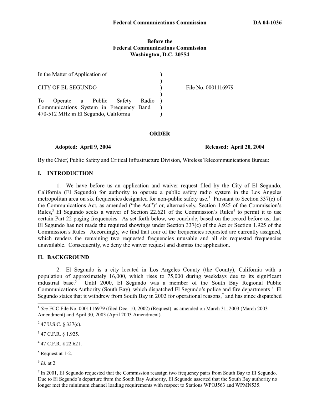 Federal Communications Commission DA 04-1036