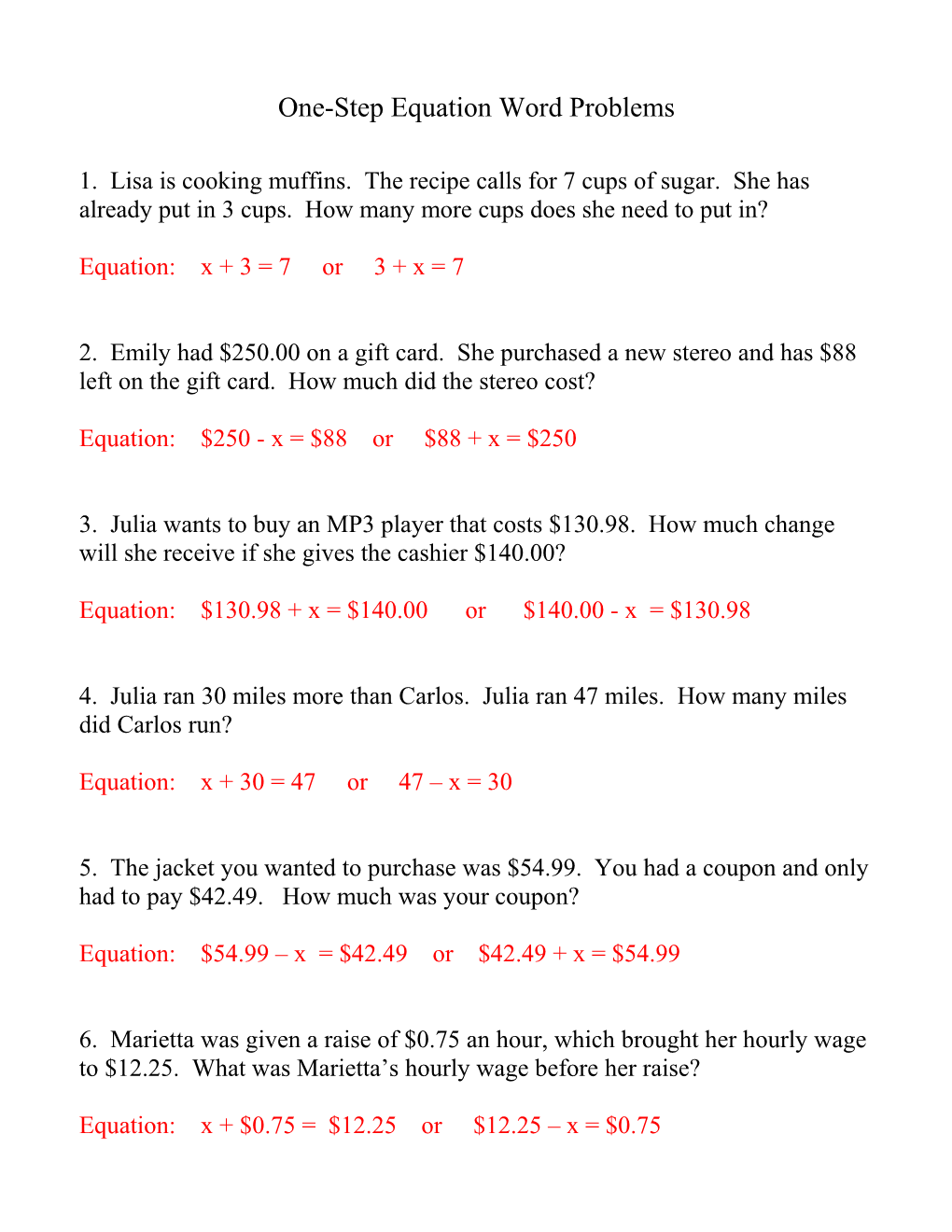 One-Step Equation Word Problems