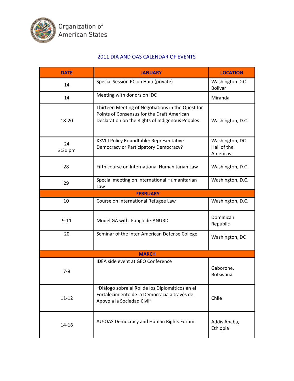 2011 Dia and Oas Calendar of Events