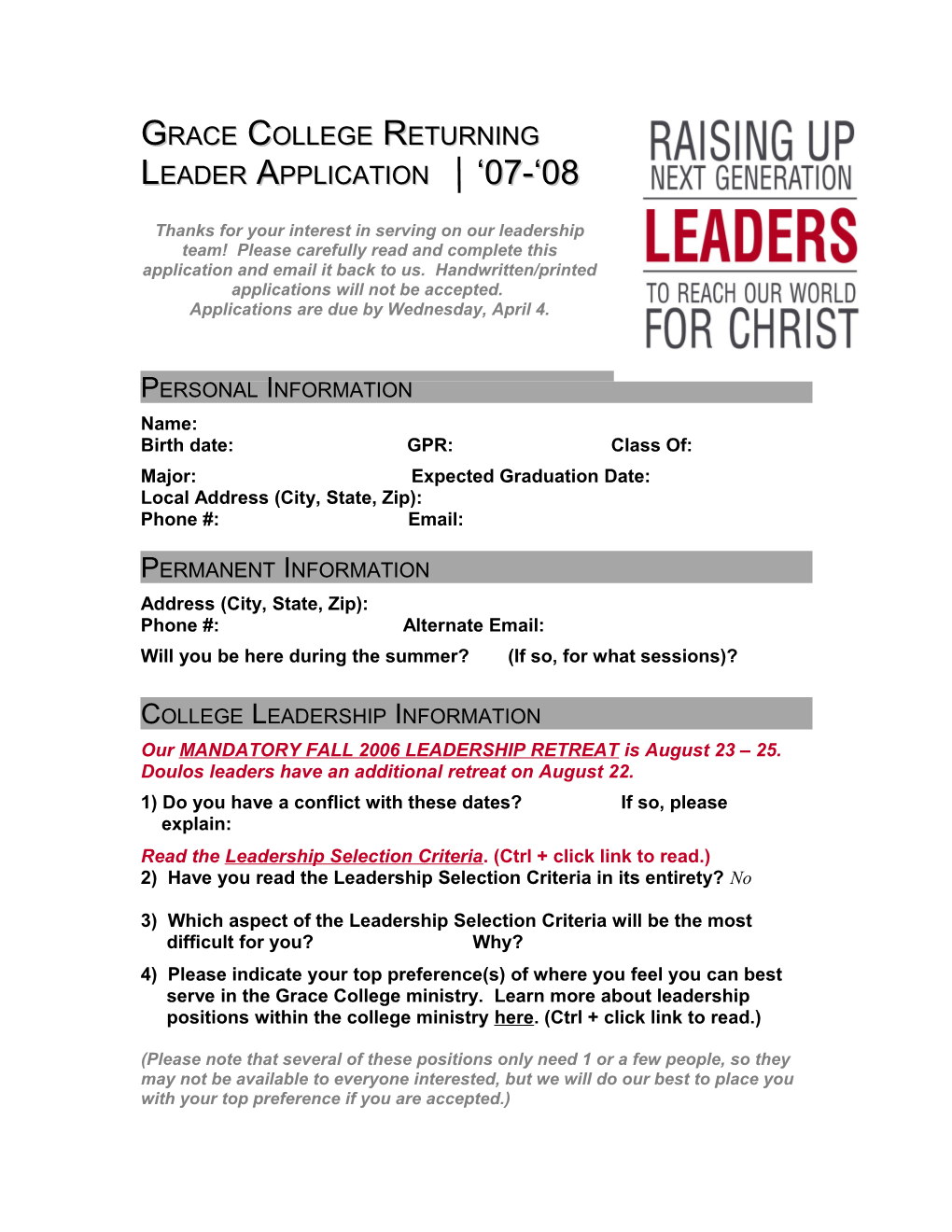 Grace College Returning Leader Application