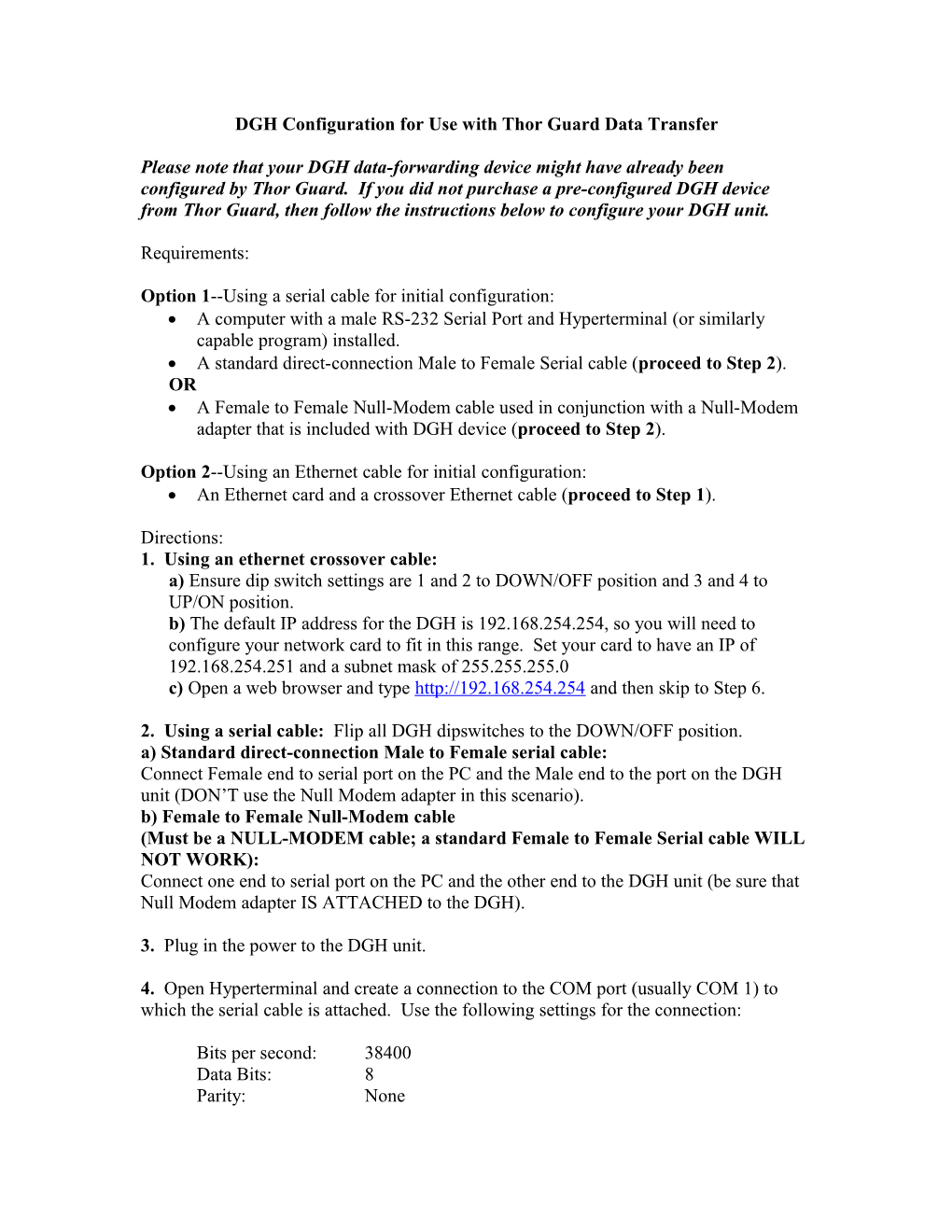 DGH Configuration for Use with Thor Guard Data Transfer