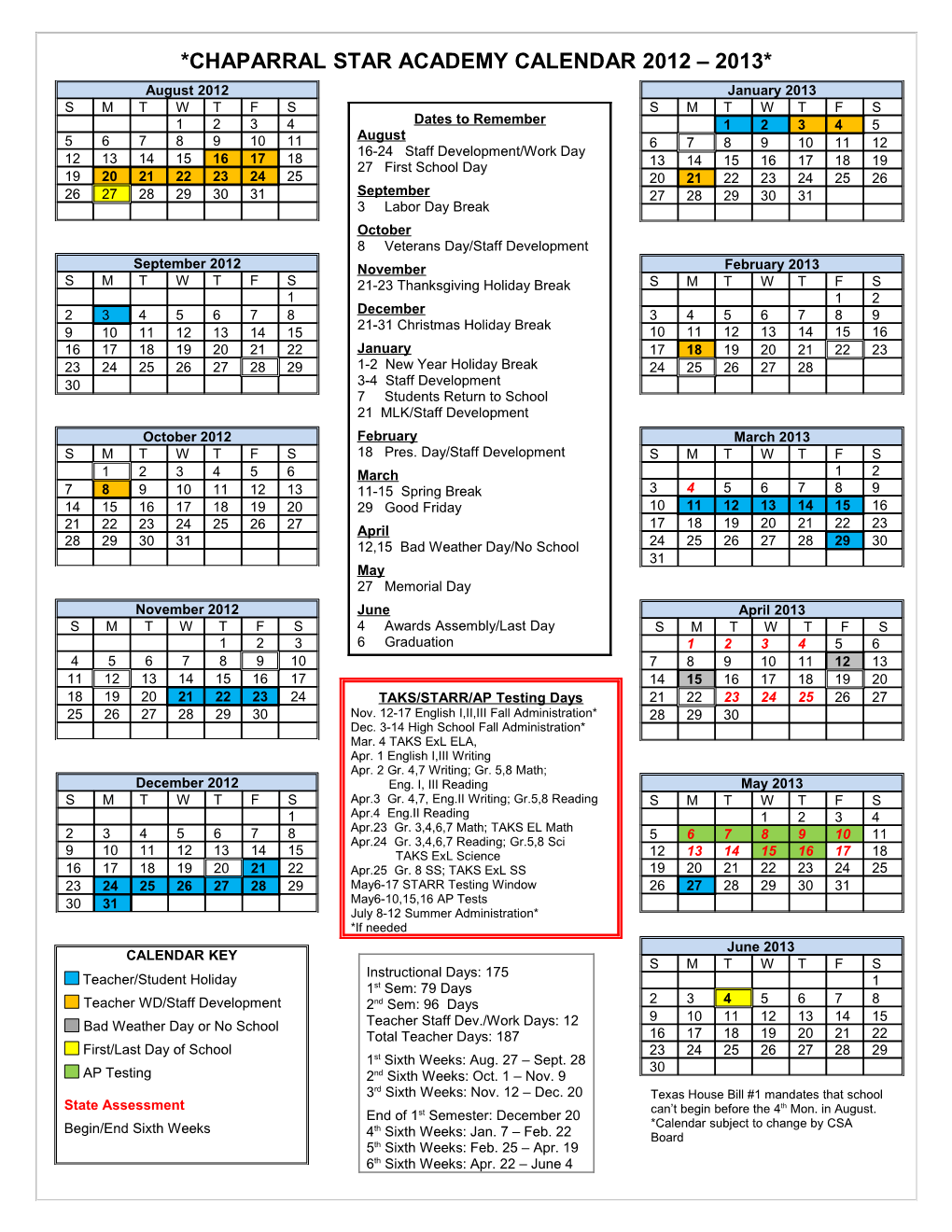 CALENDAR for Star Charter School 2007 - 2008