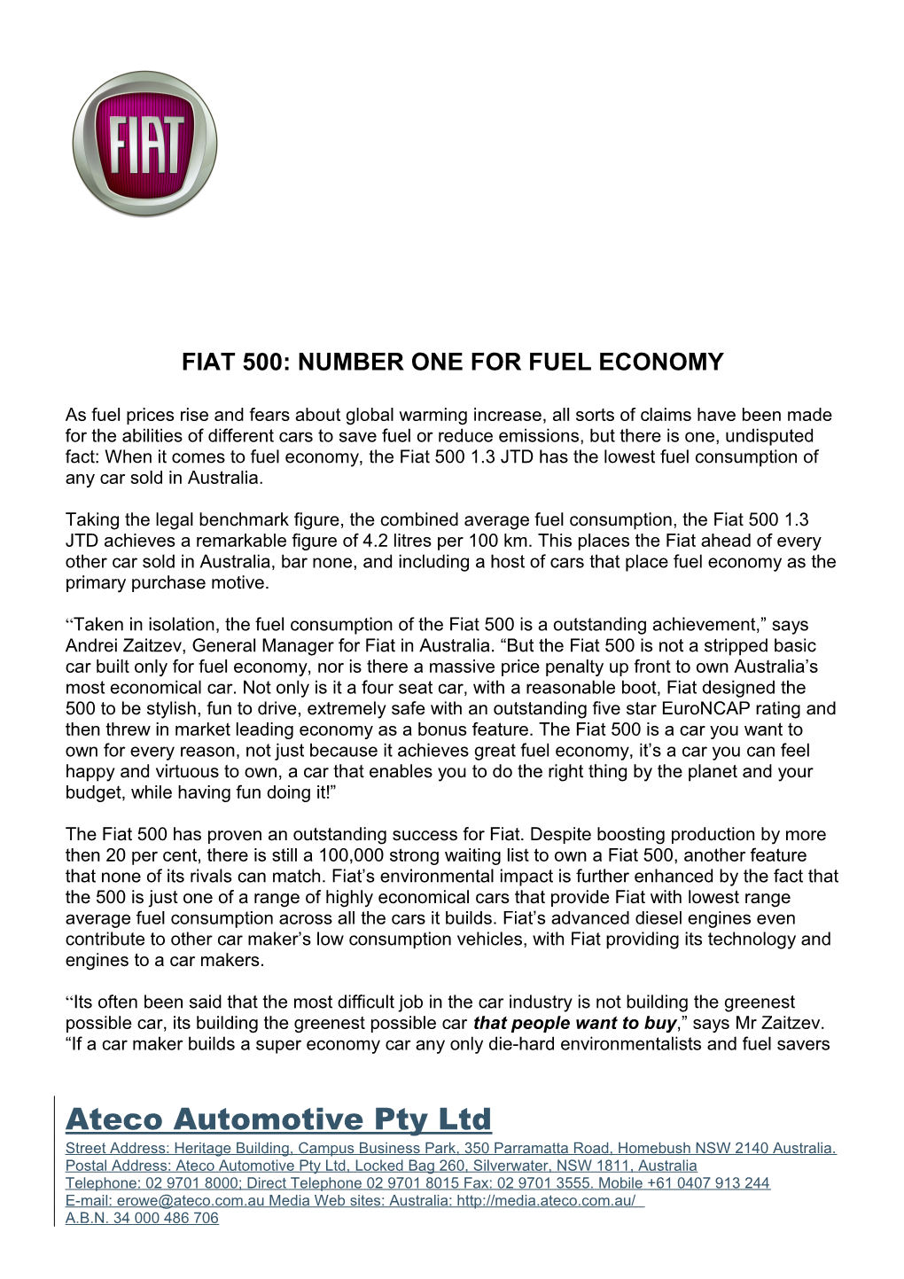 Fiat 500: Number One for Fuel Economy