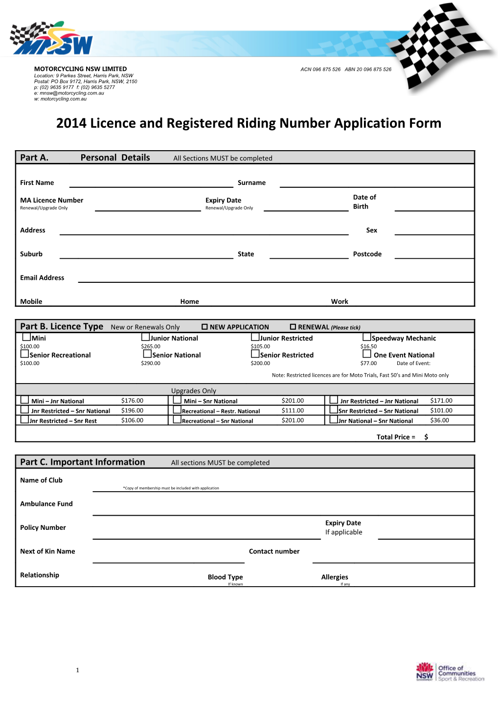 2014 Licence and Registered Riding Number Application Form