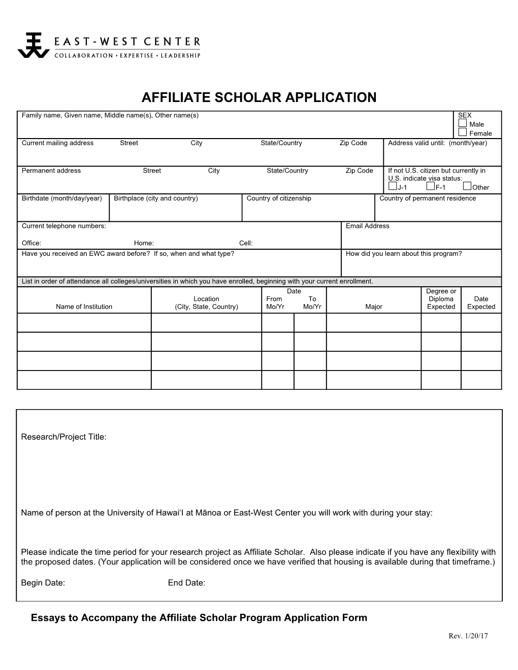 Essays to Accompany the Affiliate Scholar Program Application Form