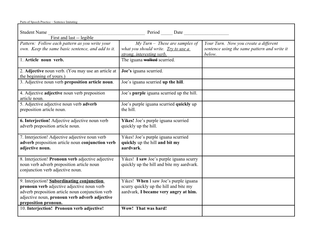 Parts of Speech Practice Sentence Imitating