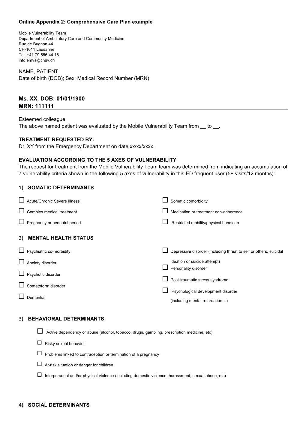 Online Appendix 2: Comprehensive Care Plan Example