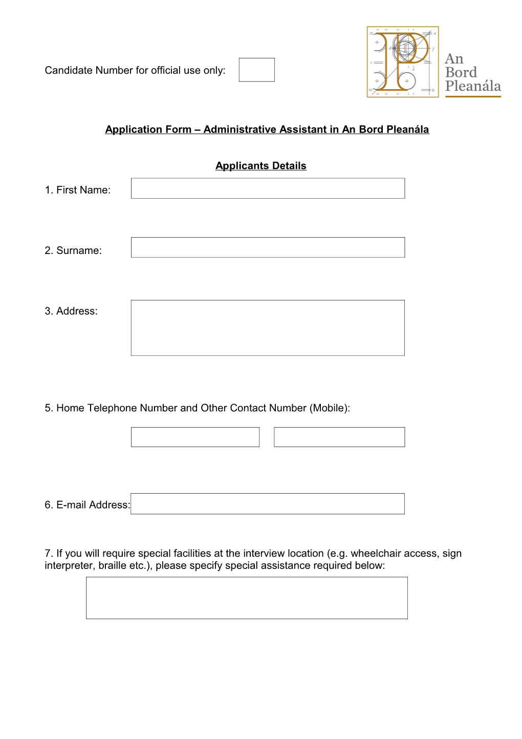 Application Form Administrative Assistant in an Bord Pleanála