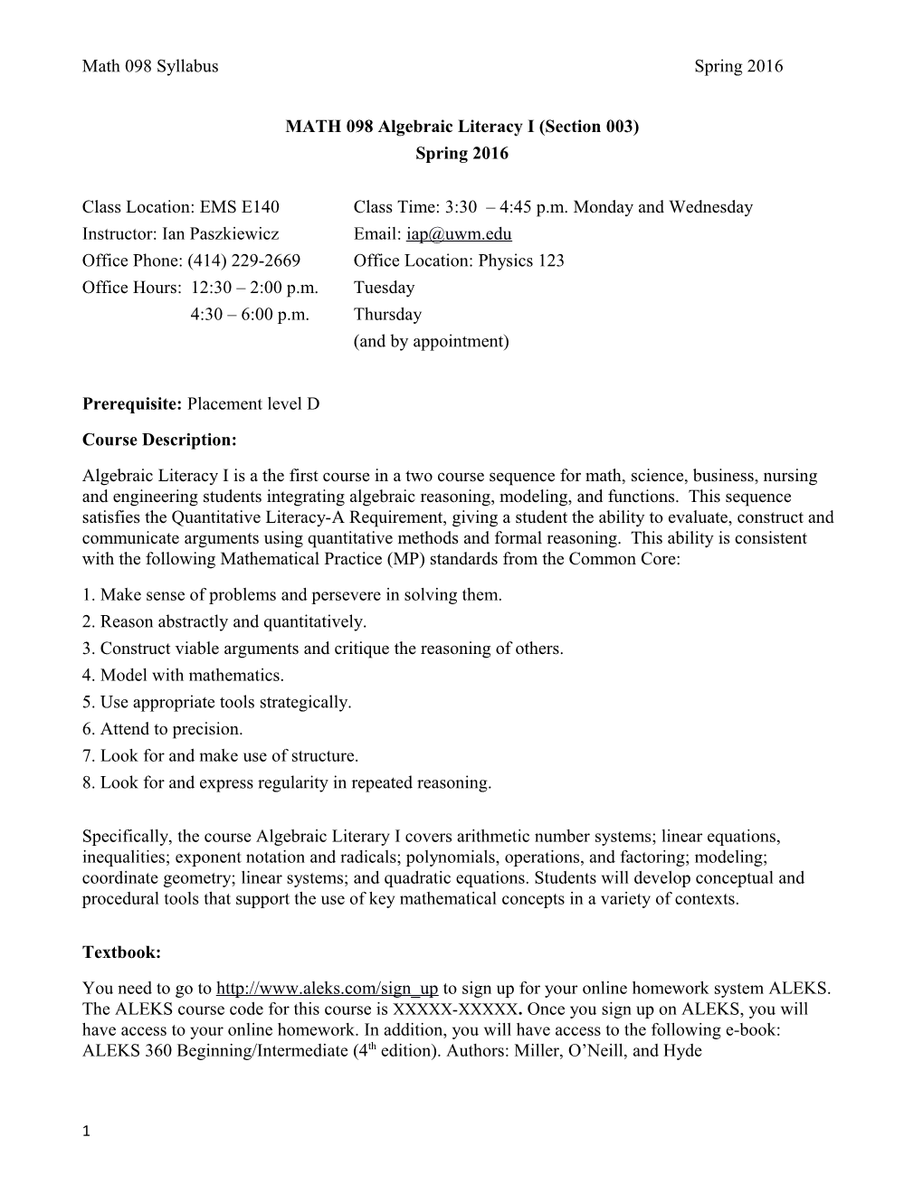 MATH 098 Algebraic Literacy I (Section 003)