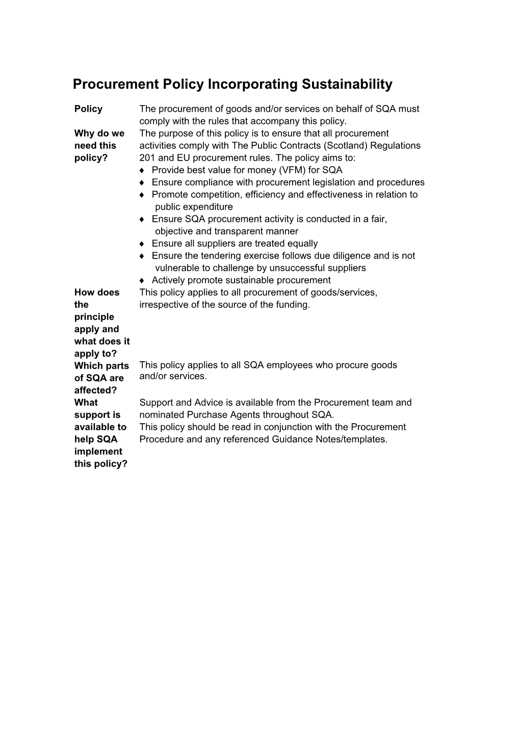 Procurement Policy Incorporating Sustainability