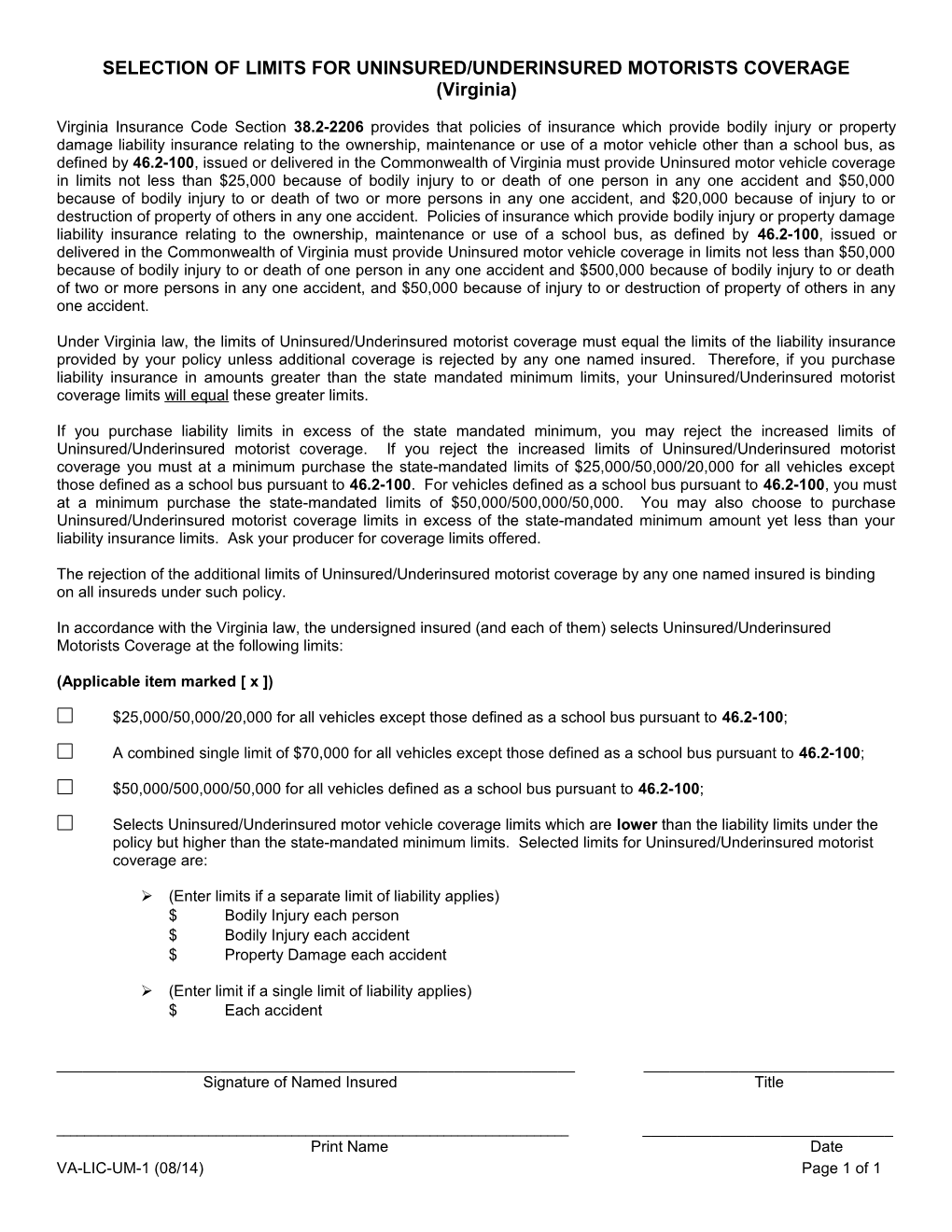 Selection of Limits for Uninsured/Underinsured Motorists Coverage