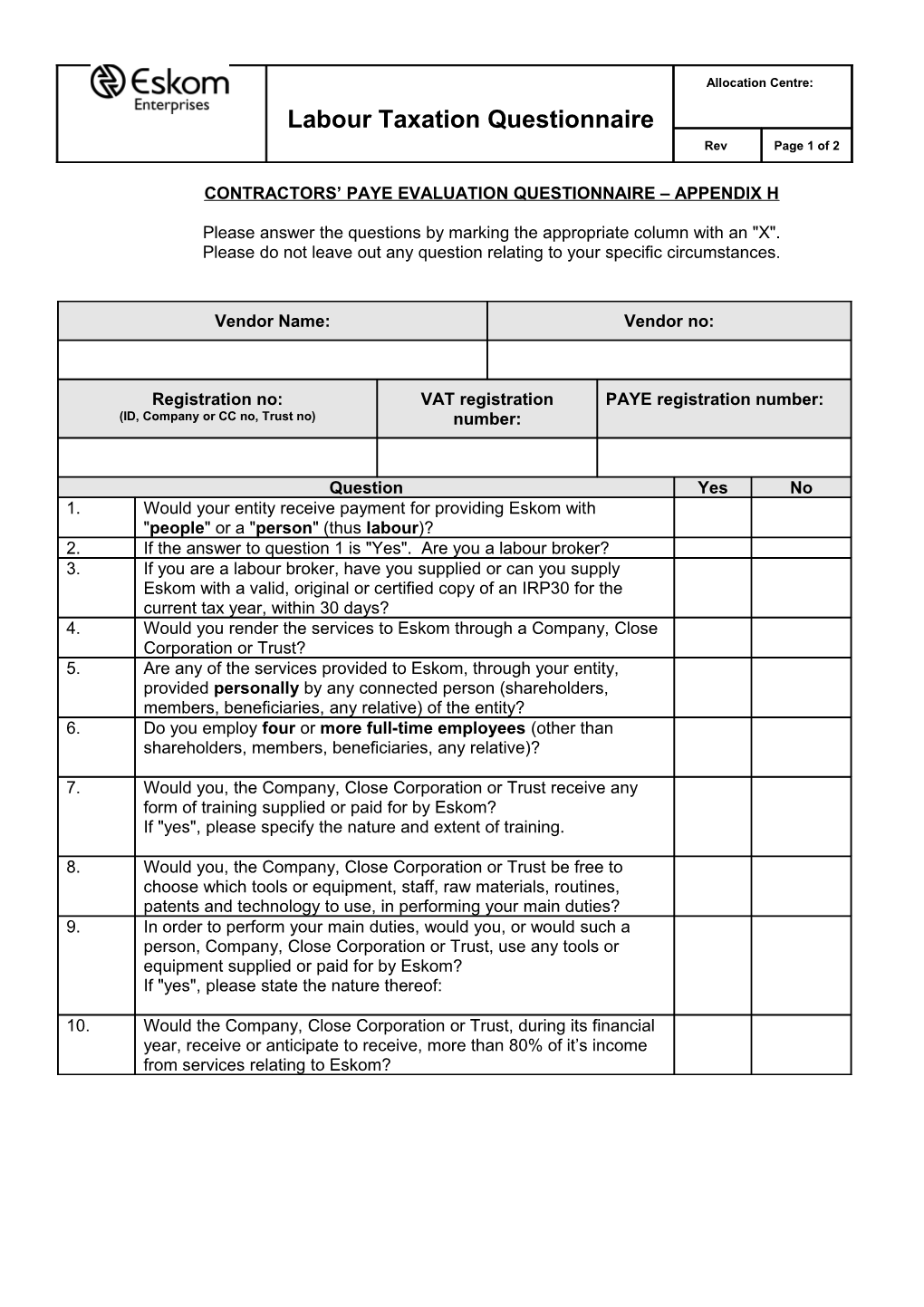 Contractors Paye Evaluation Questionnaire Appendix H