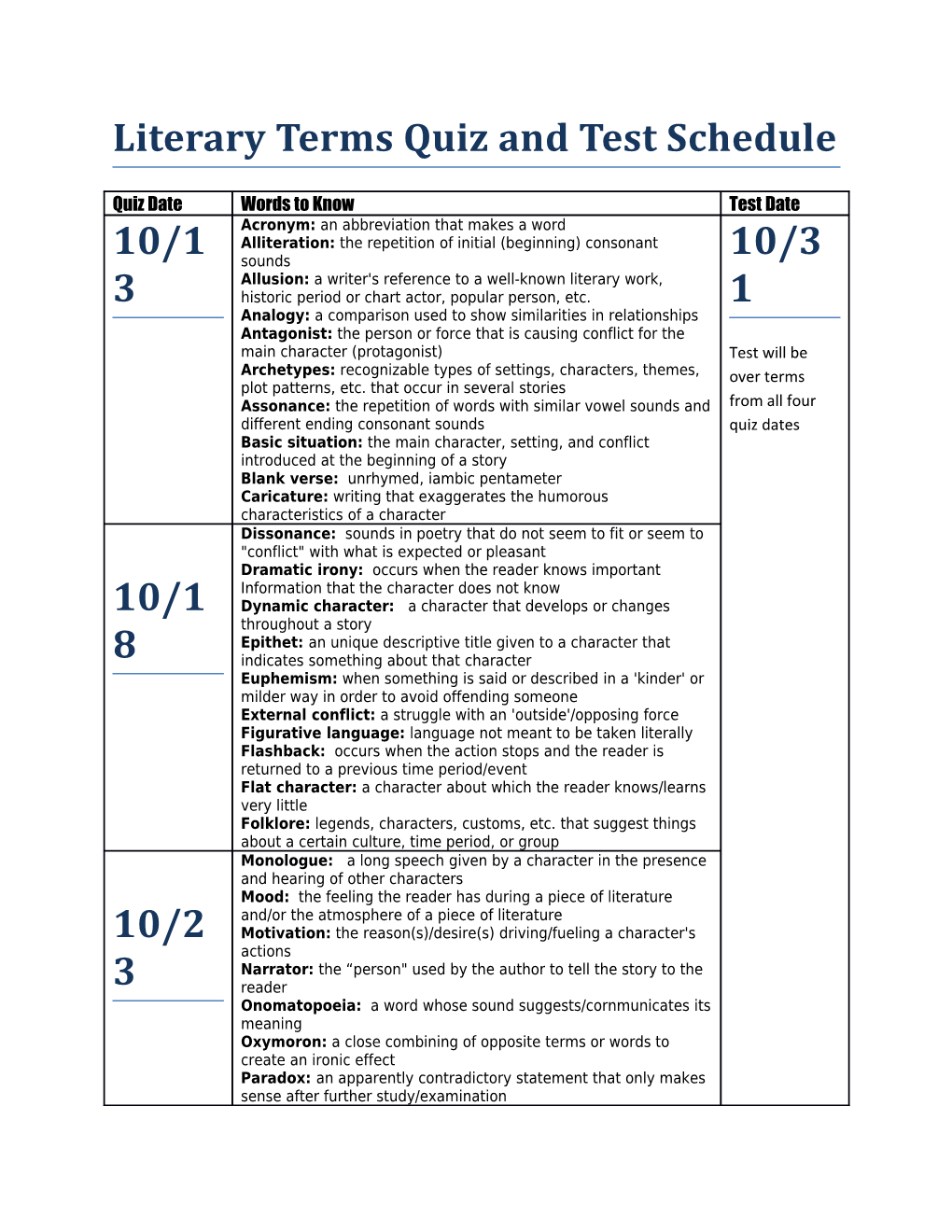 Literary Terms Quiz and Test Schedule s1