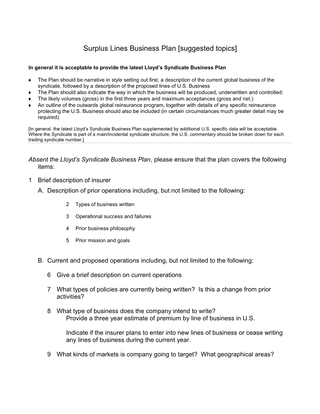 Surplus Lines Business Plan