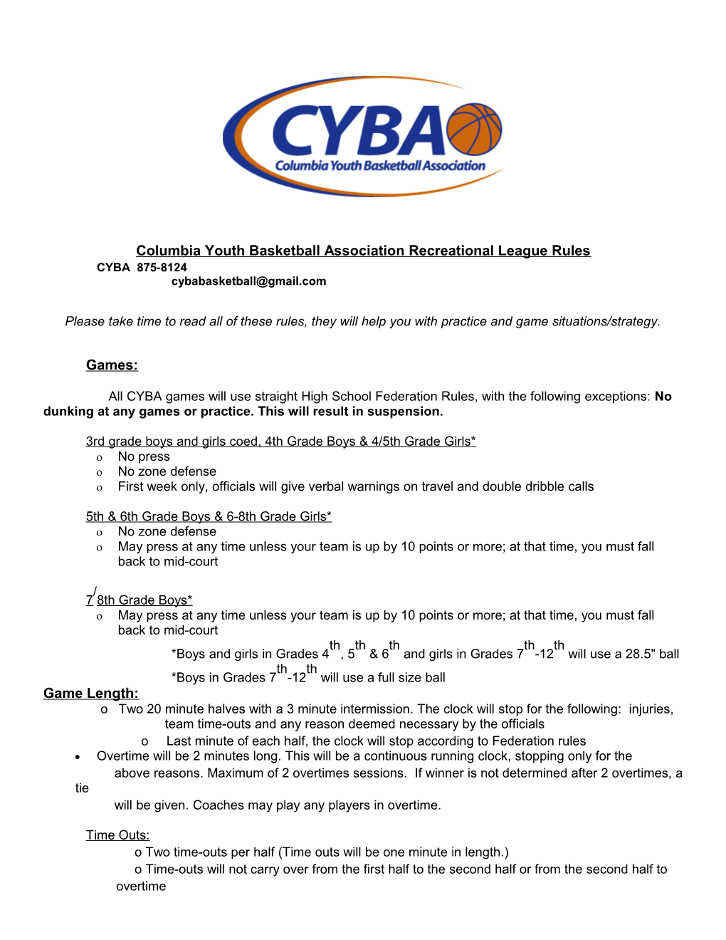 Columbia Youth Basketball Association Recreational League Rules