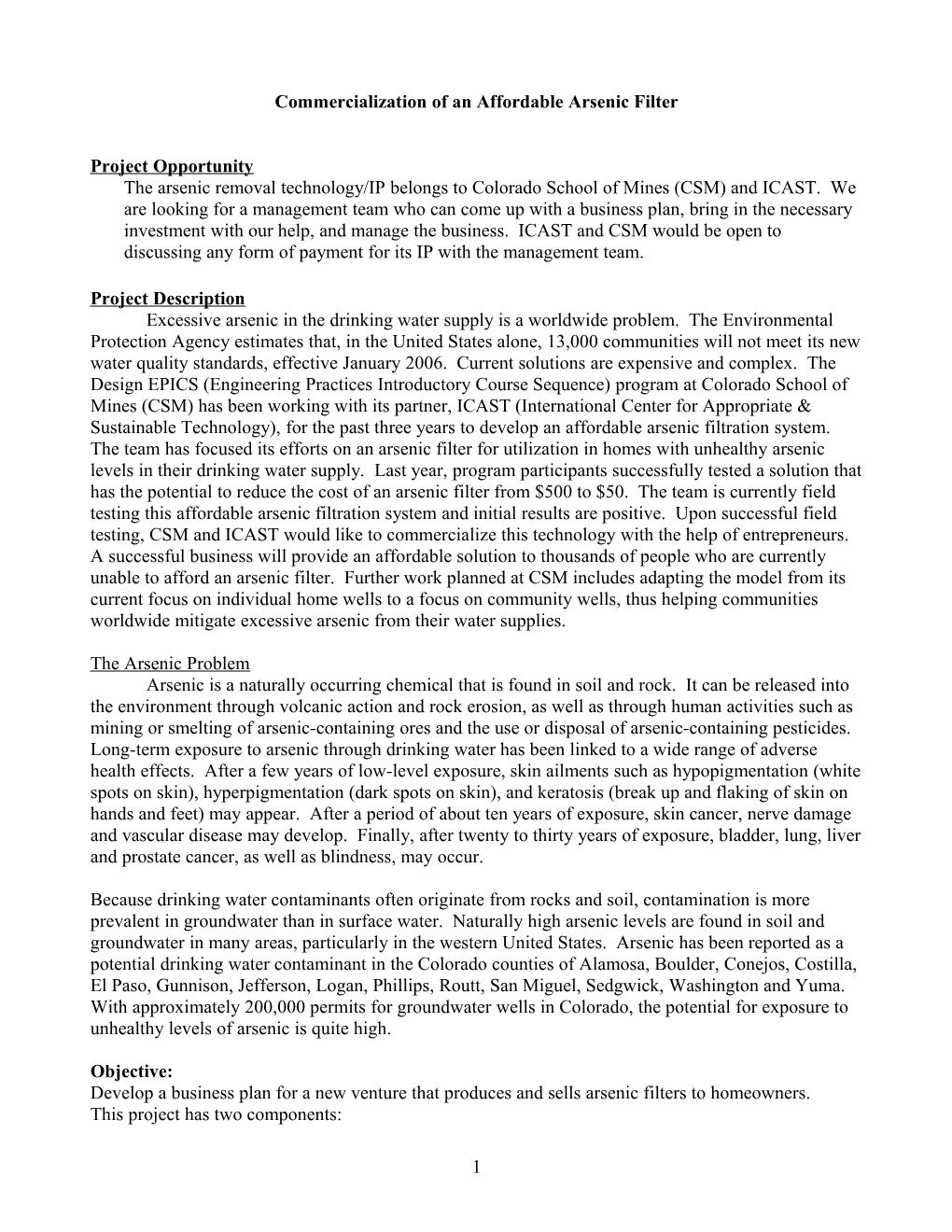 Commercialization of an Affordable Arsenic Filter