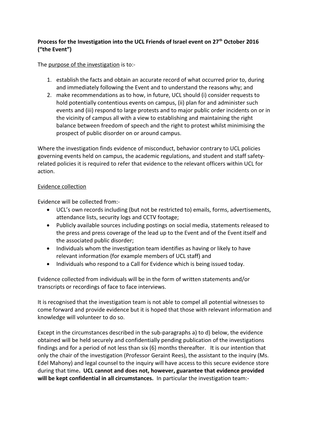 Process for the Investigation Into the UCL Friends of Israel Event on 27Thoctober 2016