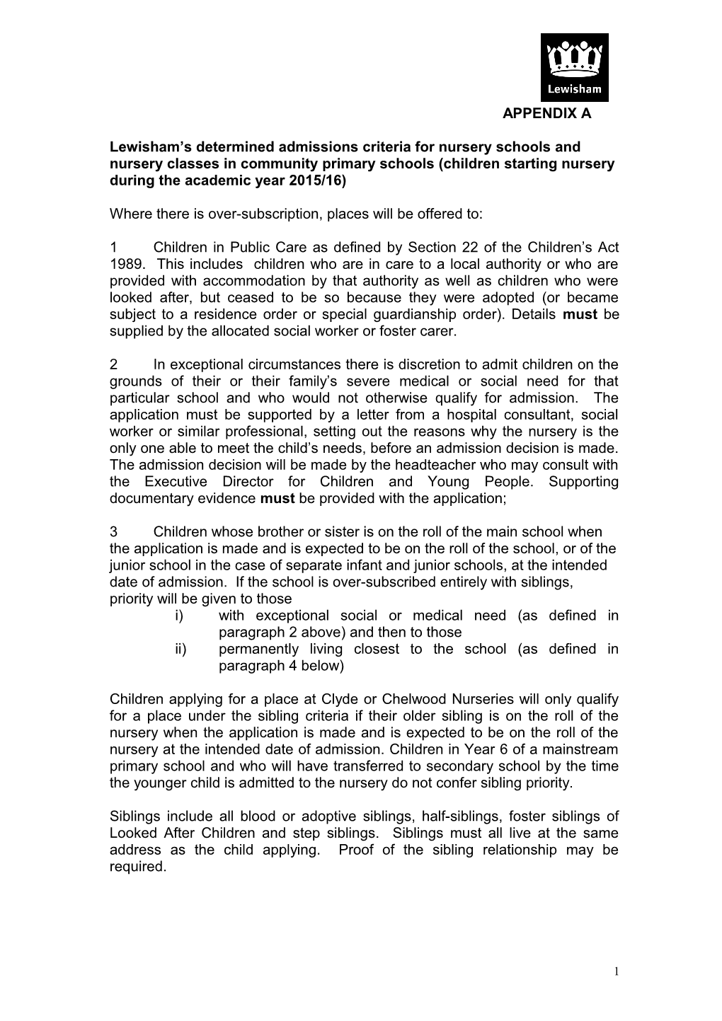 Lewisham S Determined Admissions Criteria for Community Primary School Reception Classes