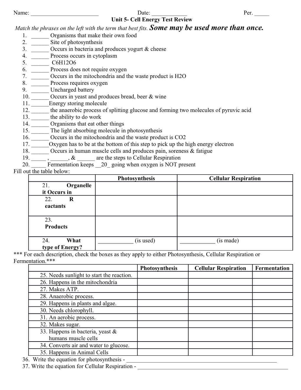 Unit 5- Cell Energy Test Review