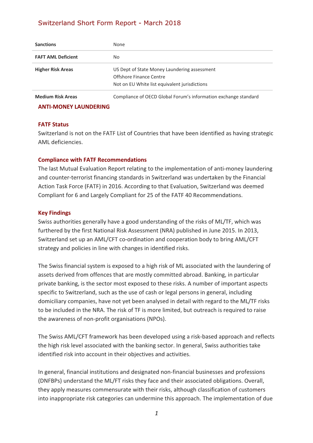 Switzerland Short Form Report - March 2018