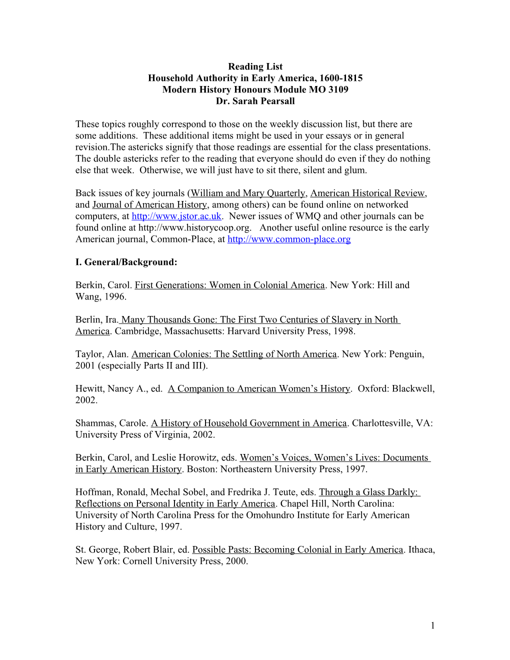 Household Authority in Early America, 1600-1815