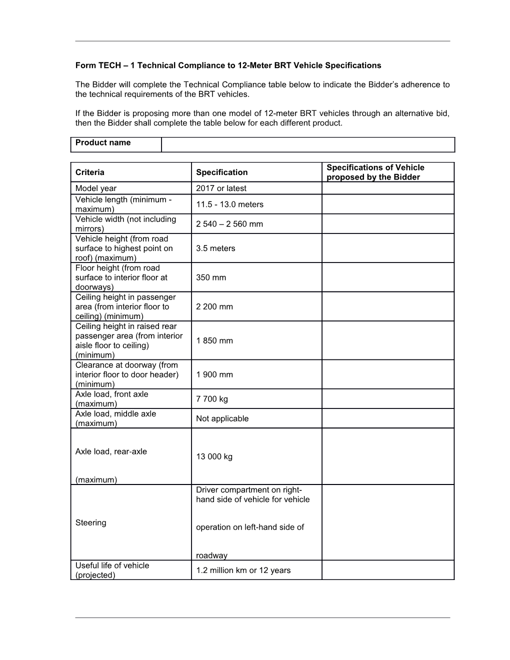 Form TECH 1 Technical Compliance to 12-Meter BRT Vehicle Specifications