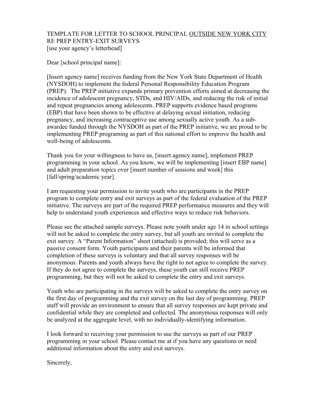 Template for Letter to School Principal Outside New York City Re Prep Entry-Exit Surveys