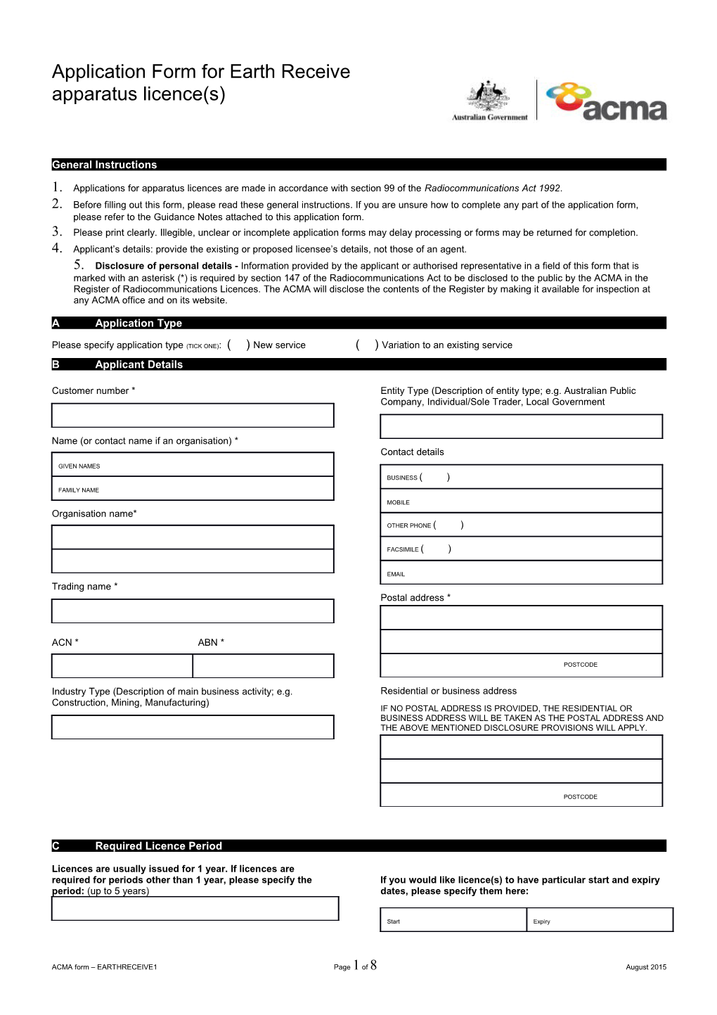 ACMA Form Earthreceive1page 1 of 5August 2015