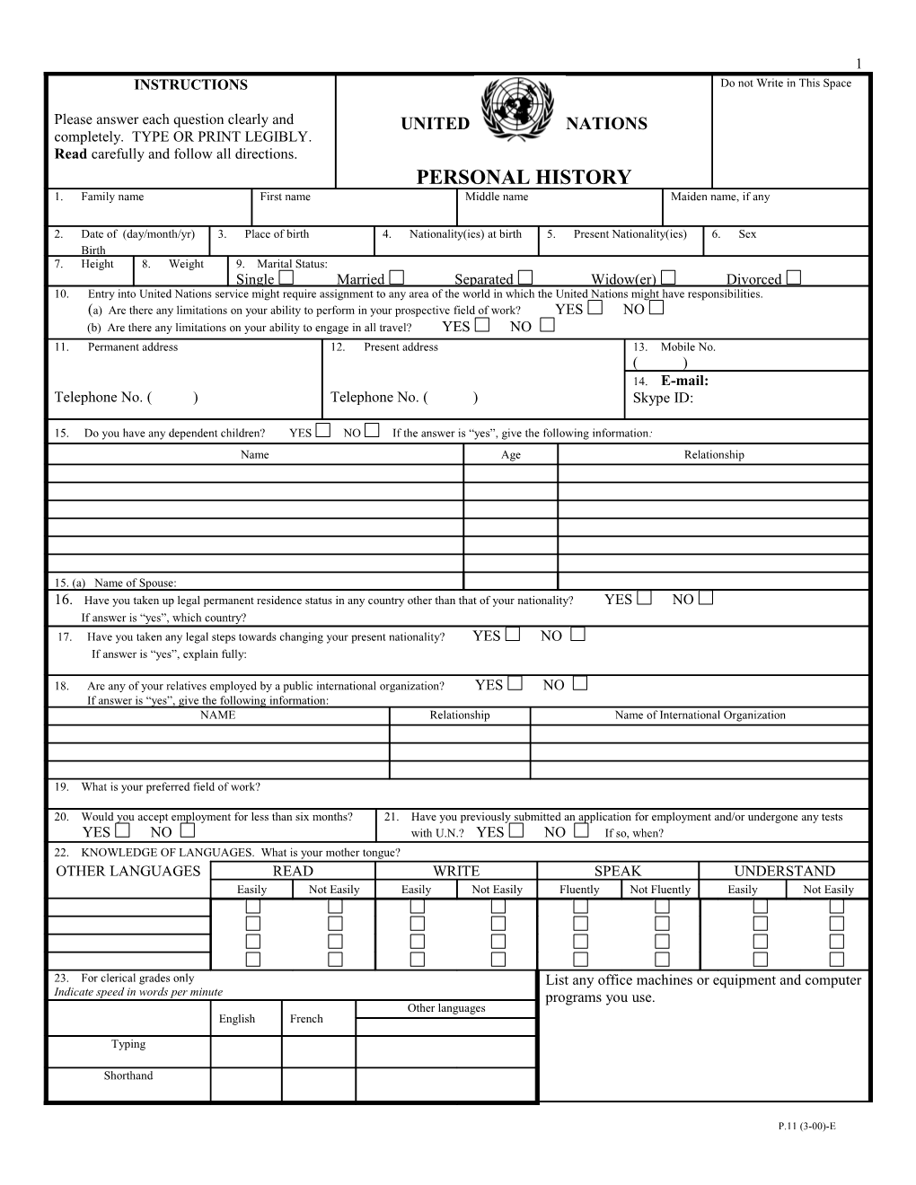 UN Personal History Form PHP P11 s1