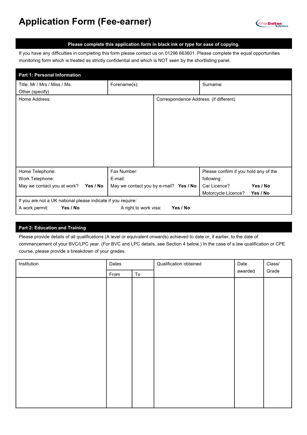 Application Form (Fee-Earner)