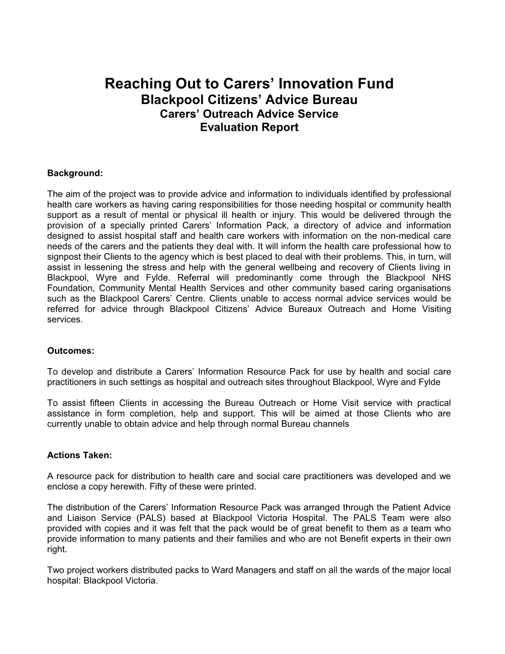 Reaching out to Carers Innovation Fund