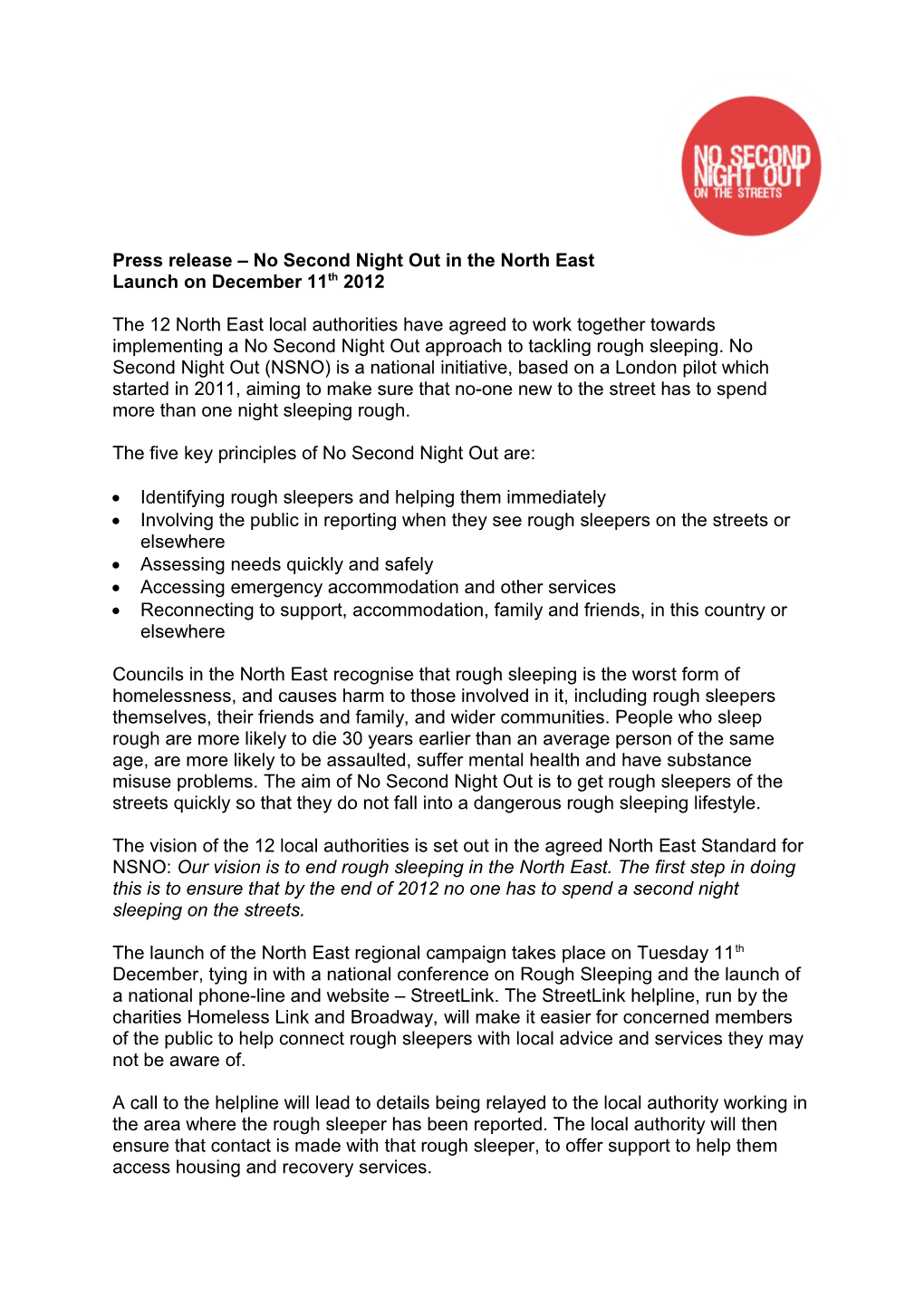 Press Release No Second Night out in the North East