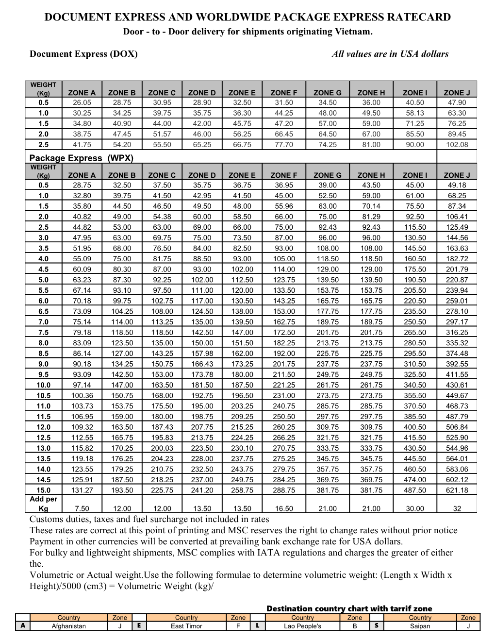 Document Express and Worldwide Package Express Ratecard