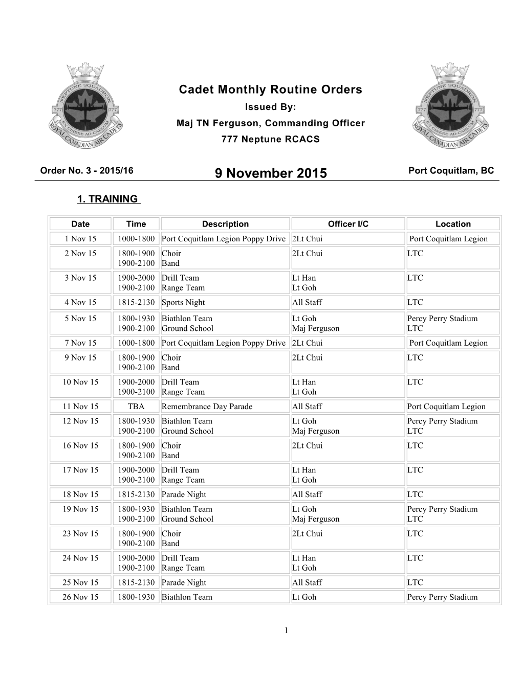 Cadet Monthly Routine Ordersissued By:Maj TN Ferguson, Commanding Officer777 Neptune RCACS