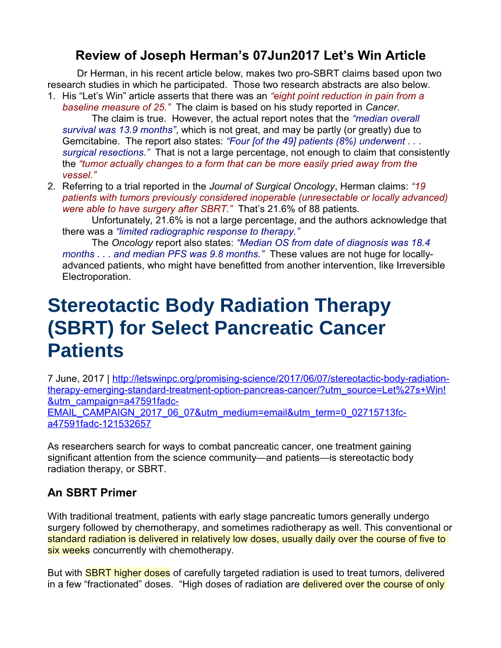 Stereotactic Body Radiation Therapy (SBRT) for Select Pancreatic Cancer Patients